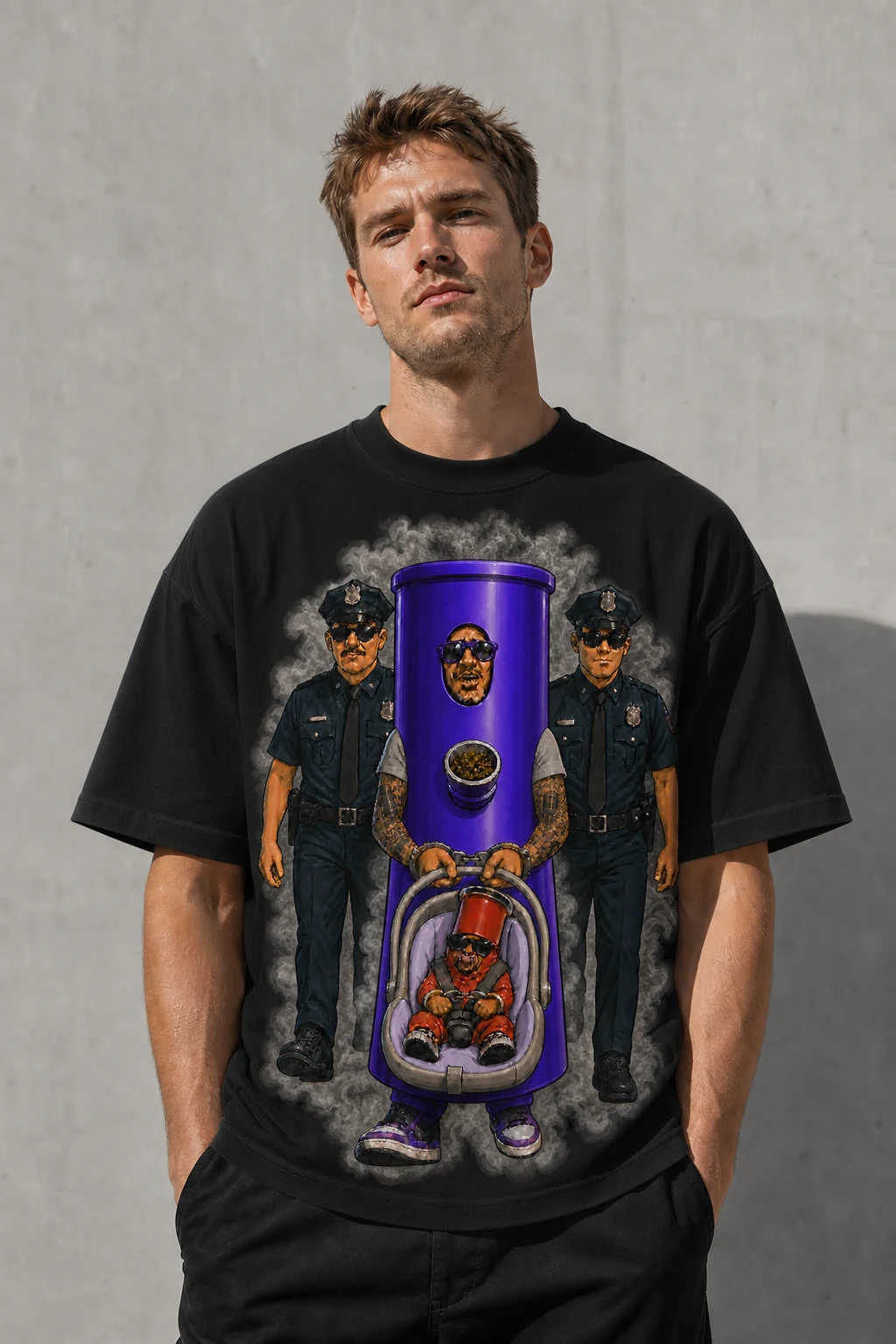 Dark-blond male model wearing the black Bongholeo In Cuffs tee
