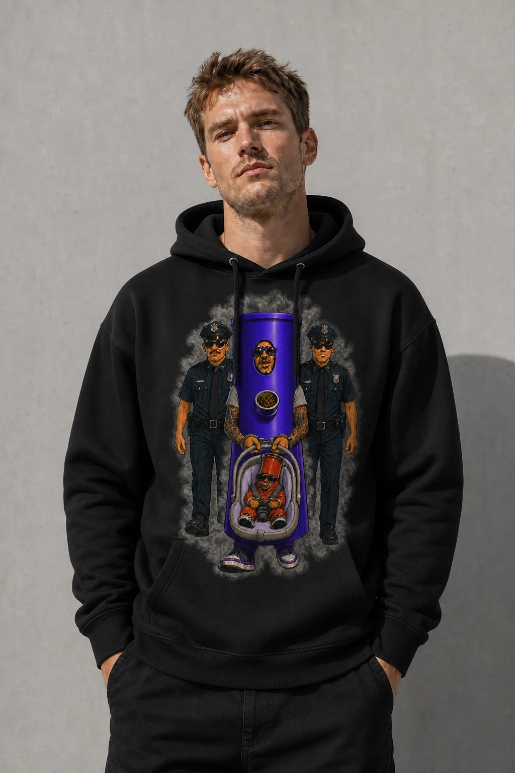 Dark-blond male model wearing the black Bongholeo In Cuffs hoodie